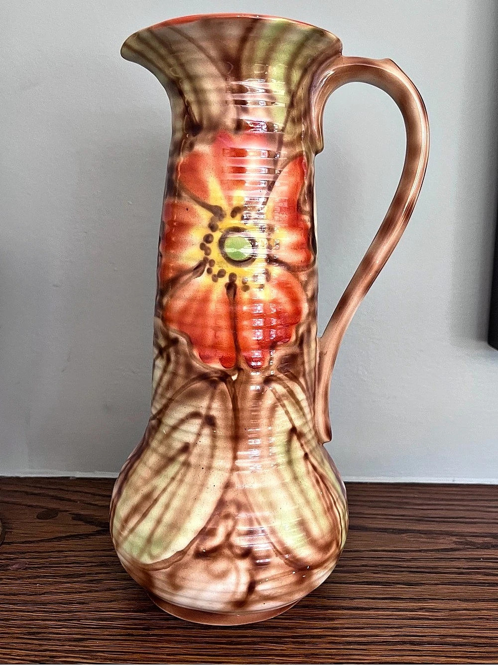 Royal Art Pottery Floral Ceramic Pitcher in Brown & Orange